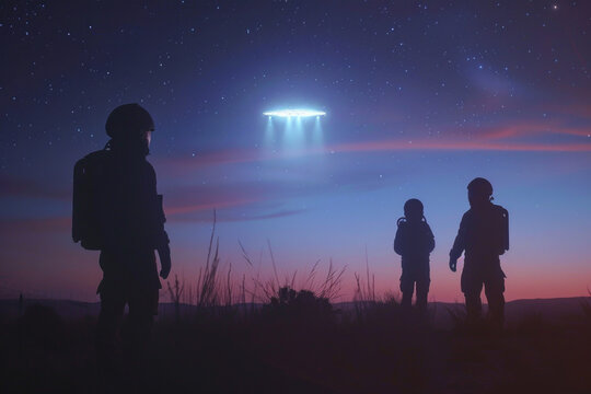 Aliens and astronauts from Earth watch the trajectory of light in the sky.


