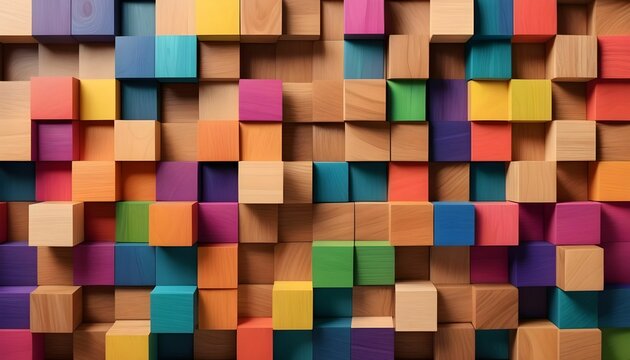 Abstract geometric rainbow colors colored 3d wooden square cubes texture wall background banner illustration, textured wood wallpaper background 4k created with generative ai.