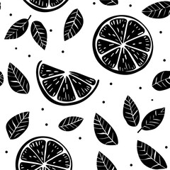 Citrus seamless pattern background design. Engraved style. Hand drawn orange.
