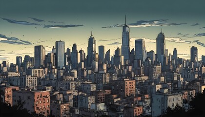 Downtown city skyline comic book art style. digital art illustration background created with generative ai.