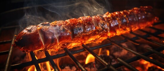 Juicy meat cooking on a grill with orange flames underneath, creating a delicious charred flavor