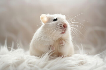 A purebred rodent poses for a portrait in a studio with a solid color background during a pet photoshoot.

