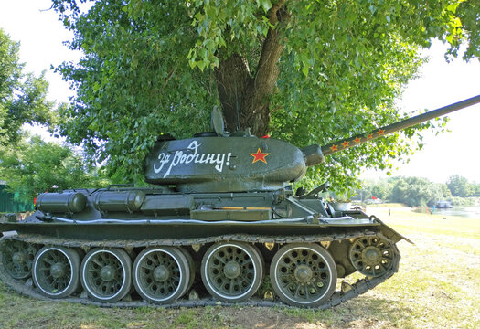 Tiraspol, Moldova - June 26, 2021: Historical reconstruction of the Second World War. Soviet main medium tank T-34, with an 85 mm cannon. symbol of victory over the fascists. weapons of the ussr