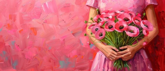  A woman in a pink dress with flowers against a pink backdrop