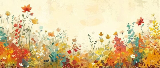   A beige background field of flowers painting includes space for text or image insertion