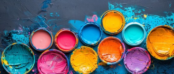   A palette of vibrant paint pans resting on a blue-green background, each with distinct hues of paint - obrazy, fototapety, plakaty