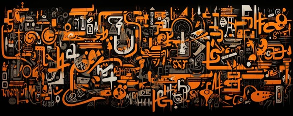 black background, many small graffiti spray tags shapes symbols, orange 