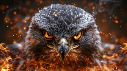   A bird of prey with fiery eyes on a black backdrop