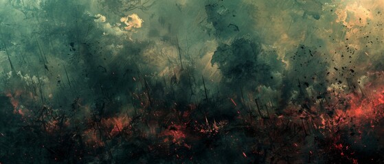   A painting of a dense forest shrouded in thick plumes of crimson and jet-black smoke, featuring lush foliage in the foreground and a sky adorned with - 769120379