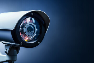 Close-up of a security camera over dark background with copy space - obrazy, fototapety, plakaty