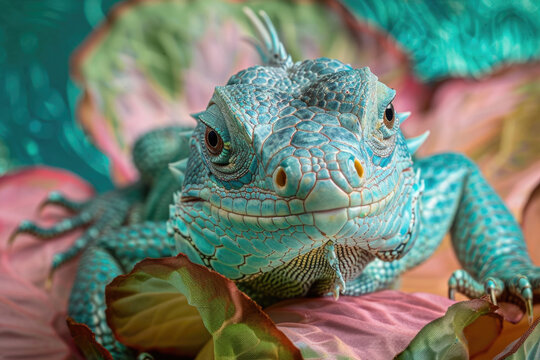 A purebred lizard poses for a portrait in a studio with a solid color background during a pet photoshoot.


