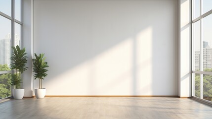 Empty walls in a bright office mockup with sunlight rays. 3D rendering - obrazy, fototapety, plakaty