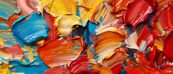   A close-up of a colorful painting with several paintbrushes on the canvas and their bristles touching the paint - obrazy, fototapety, plakaty