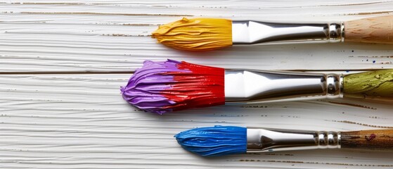   Three brush-with-color paints sit atop white-paneled wall One each red, blue, yellow, green, & red
