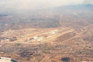 Aerial photograph of Felipe Angeles international airport NLU in Zumpango, Mexico north of Mexico City.   Originally named Santa Lucia Airport Base it is a second airport of Greater Mexico City.