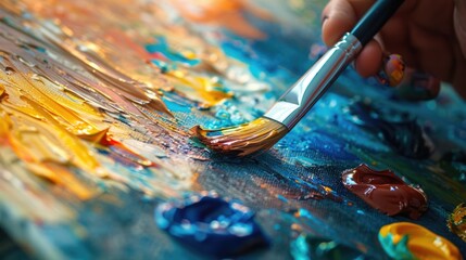 Fototapeta premium An artist's hand painting on a canvas, with the focus on the brush and colors being blended.