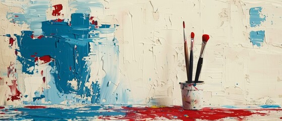   A cup of paint atop a table beside brushes near a painted wall