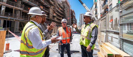 Hyper-Realistic Construction Manager Briefing Foremen on Safety Protocols and Productivity Goals at Early Morning Meeting - obrazy, fototapety, plakaty