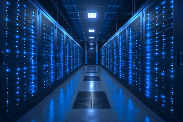 Corridor in a data center with server racks and blue LED lights.