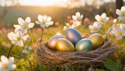 Fototapeta na wymiar colorful easter eggs in nest on grass with spring flowers background