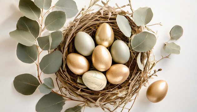 pastel coloured easter eggs in a rustic nest made of eucalyptus leaves on a white background photographed from above