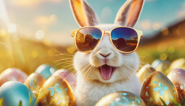 funny happy easter concept holiday animal celebration greeting card cool white easter bunn with opened mouth rabbit with sunglasses and golden painted easter eggs