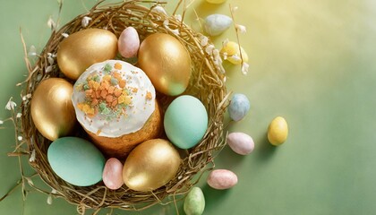 Fototapeta na wymiar small easter cakes and colorful pastel easter eggs in nest on green background top view happy easter poster and banner for greeting card
