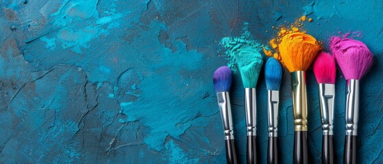   A cluster of brushes rests on a blue-green canvas with splattered paint