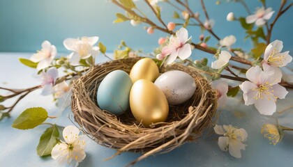 colorful easter eggs in nest with branches and flowers on blue background happy easter concept
