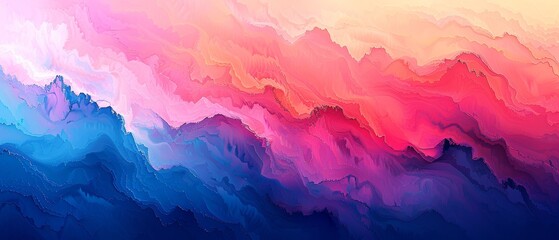   An abstract painting of a multicolored wave on a blue, pink, orange, and yellow background
