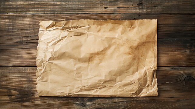 Vintage wrinkled old paper texture on the wooden table background. For use mock-up, template design.