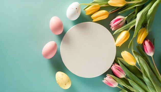 easter concept top view photo of white circle colorful easter eggs and bunches of yellow and pink tulips on isolated teal background with copyspace