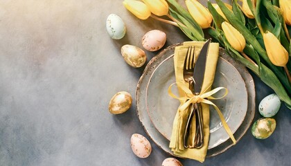 easter festive table setting with easter eggs decoration and yellow tulips flowers on gray background top view with copy space