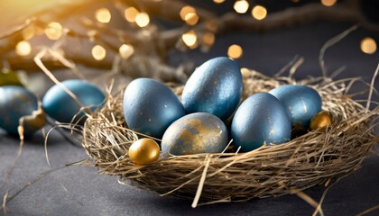 Fototapeta na wymiar easter eggs in nest painted by hand in blue color on dark background
