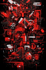black background, many small graffiti spray tags shapes symbols, red 