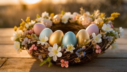 Fototapeta na wymiar handmade easter wreath with colored eggs and spring flowers