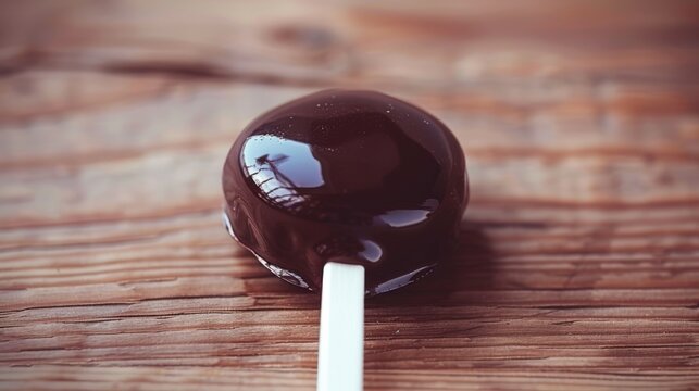   A chocolate lollipop sits on a wooden table alongside a white lollipop stick with a skull image