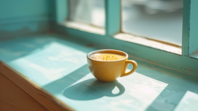   A cup of coffee sits on a window sill next to another window sill
