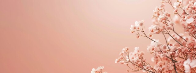 Banner closeup spring flowers of fluffy plants on monochrome background. Trend tender color Peach Fuzz. Copy space. Festive poster, mock up for design. Easter, birthday, Women, Mother's day, March 8th
