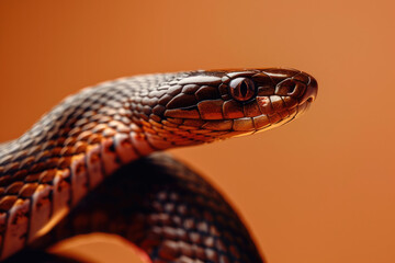 Fototapeta premium A purebred snake poses for a portrait in a studio with a solid color background during a pet photoshoot.