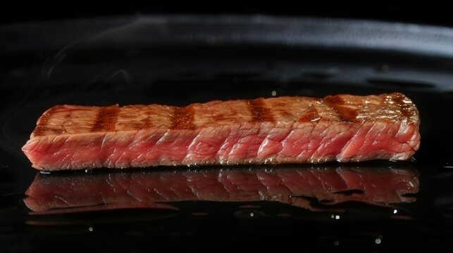   A perfectly seared steak resting atop a sleek black platter, its mirrored image captivating the viewer's gaze