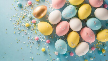 Fototapeta na wymiar top view photo of yellow pink blue white easter eggs and sprinkles on isolated pastel blue background with empty space