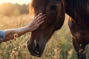 Close-up of a hand touching a horse in the field. Agriculture and livestock industry concept. Animal husbandry. Farming lifestyle, farmland. Design for banner, poster  - obrazy, fototapety, plakaty
