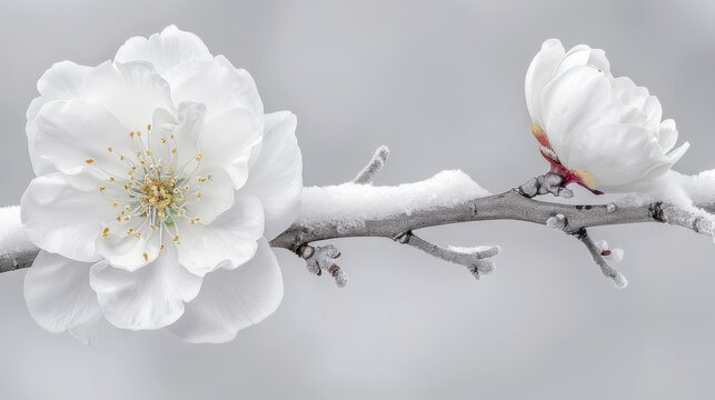   A few white blossoms rest atop a snow-covered tree limb during a misty, gray day