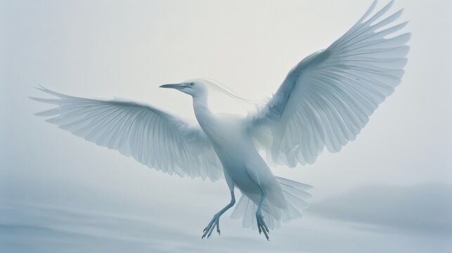   A white bird flies in the sky with its wings spread wide and outstretched