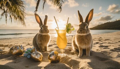 easter bunnies celebrate on a sand beach with tropical cocktail drinks easter travel