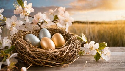 Fototapeta na wymiar happy easter concept with easter eggs in nest and spring flowers