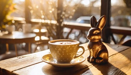 coffee cup with chocolate bunny on wooden table in coffee shop chocolate easter bunny sitting beside coffee latted - obrazy, fototapety, plakaty