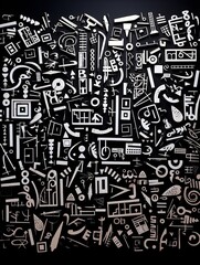 black background, many small graffiti spray tags shapes symbols, gray