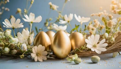 Obraz na płótnie Canvas spring easter eggs among flowers on pastel blue background